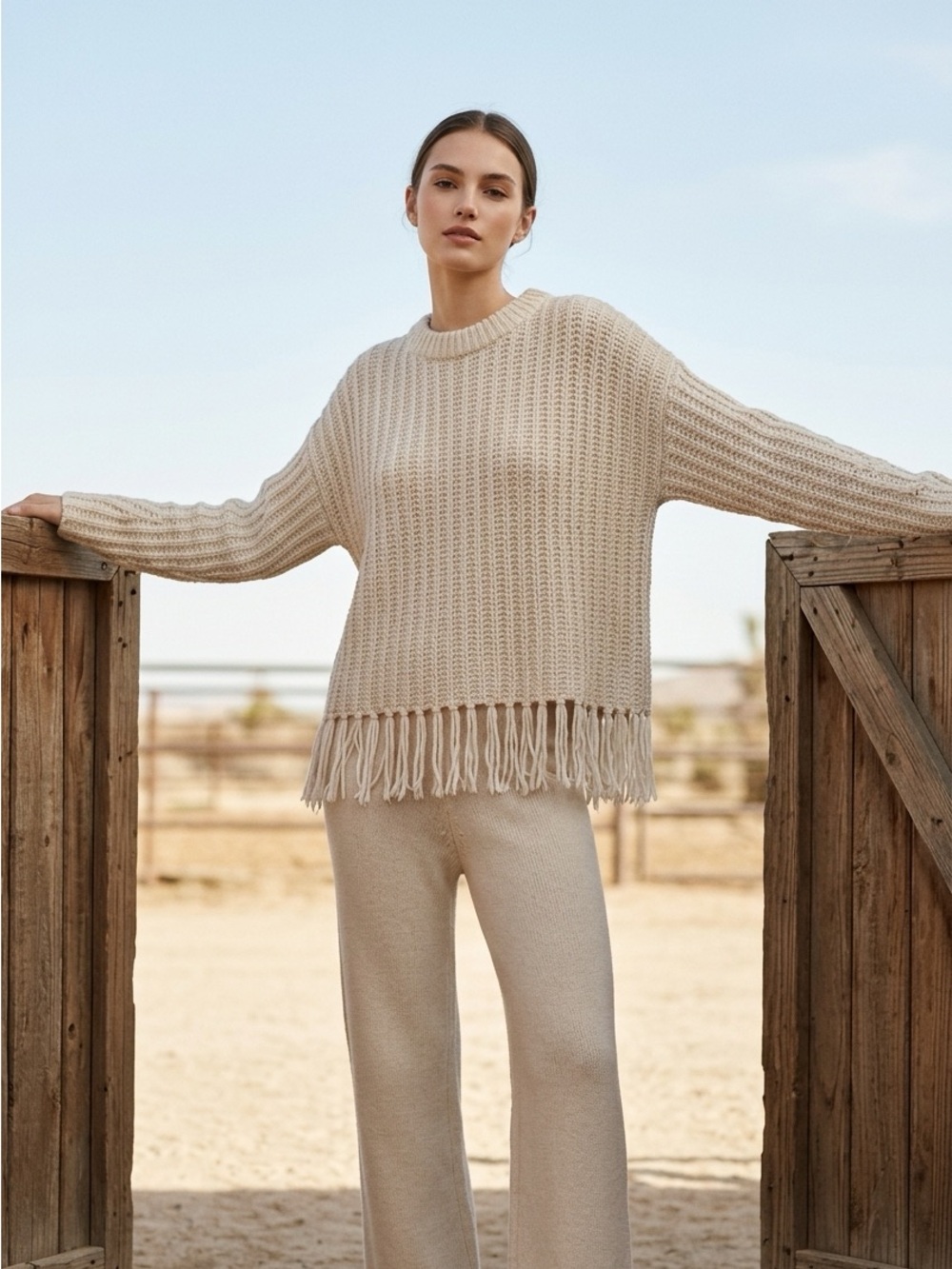 H&M Cream Fringe-Hem Crewneck Sweater